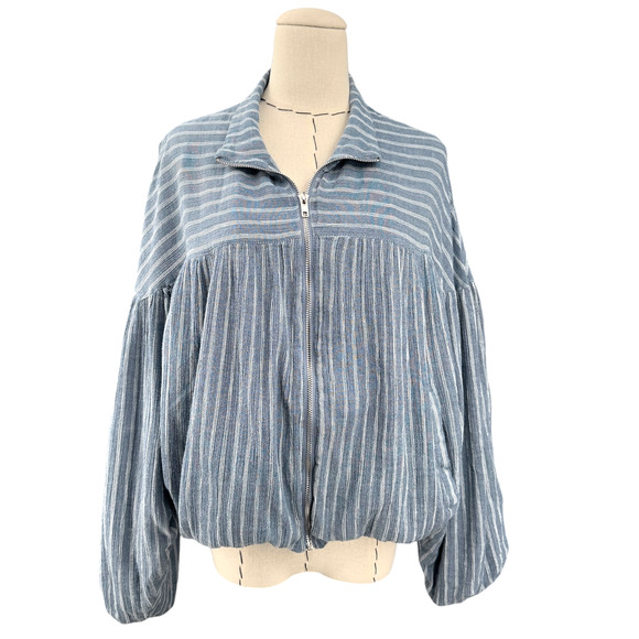 Lush Blue Striped Zip Up Casual Jacket Long Sleeve Collar Cotton Blend Medium - Picture 1 of 9